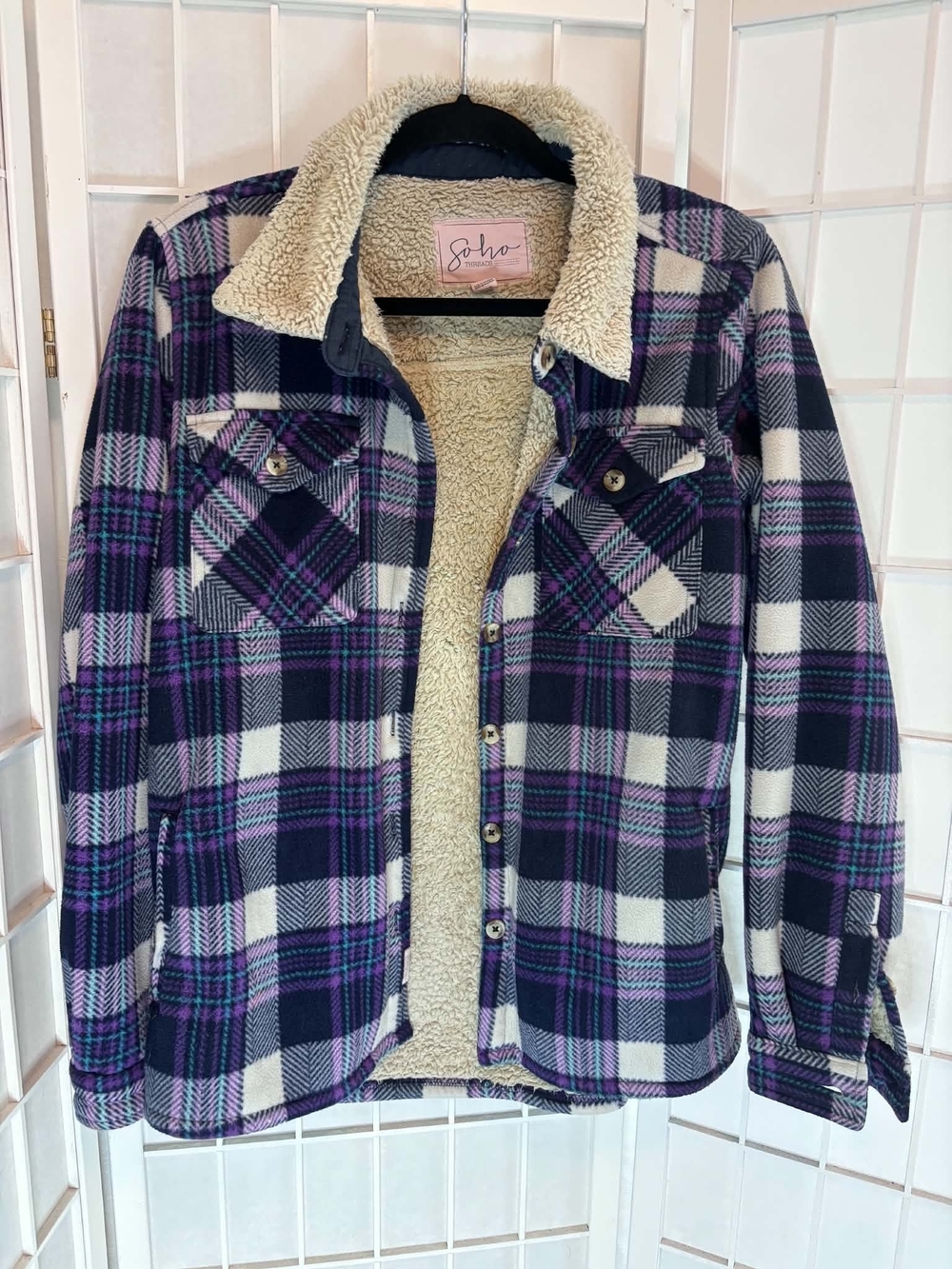 Soho Purple Plaid Sherpa-Lined Jacket